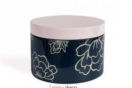 Round navy/light pink lacquer box printed with peonies D15*H10cm